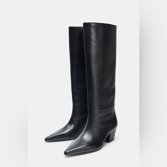Zara Women's Black Leather Block Heel Pointed Toe High Boots US 7.5 Sz 38 $179 - Picture 2 of 13